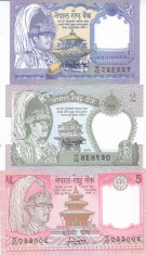 Bancnota Nepal 1, 2 si 5 Rupii (1981-97) - P37/29b/30a UNC ( set x3 ) foto