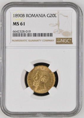 Moneda AUR 20 lei 1890, Carol I, MS 61 , gradat NGC, grad foarte bun foto