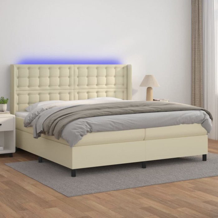 vidaXL Pat cu arcuri, saltea și LED, crem, 200x200 cm, piele ecologică 3139405