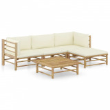 Set mobilier de grădină, 5 piese, perne alb crem, bambus, vidaXL