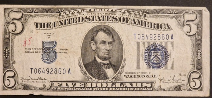 America 5 Dolari 1934 seria T06492860A Silver