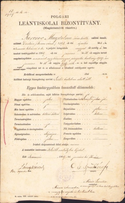 A1831 Certificat școlar, 1909, Timișoara