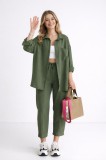 Women's Linen Look Shirt Pants Khaki Set