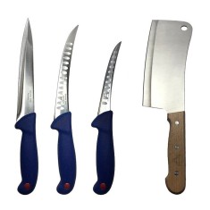 Set profesional de macelarie 4 piese cu cutite pentru injunghiere, dezosare, fasonare si satar, lame din otel german