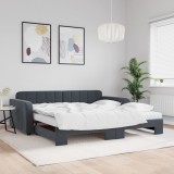 vidaXL Pat de zi cu extensie și saltele, gri &icirc;nchis 100x200 cm catifea