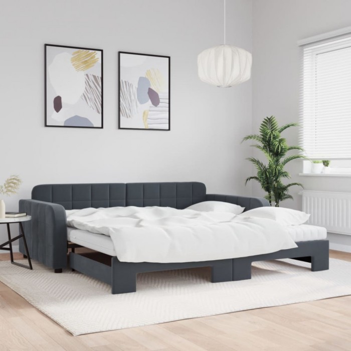 vidaXL Pat de zi cu extensie și saltele, gri &icirc;nchis 100x200 cm catifea 3196961