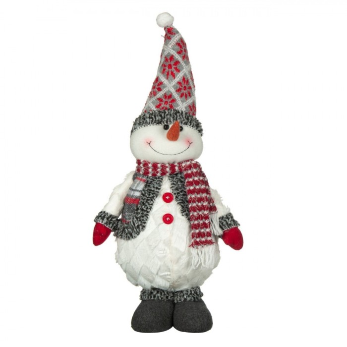 Figurină Textilă de Crăciun, Om de Zăpadă, Blană Albă, Vesta cu Carouri, 61 cm