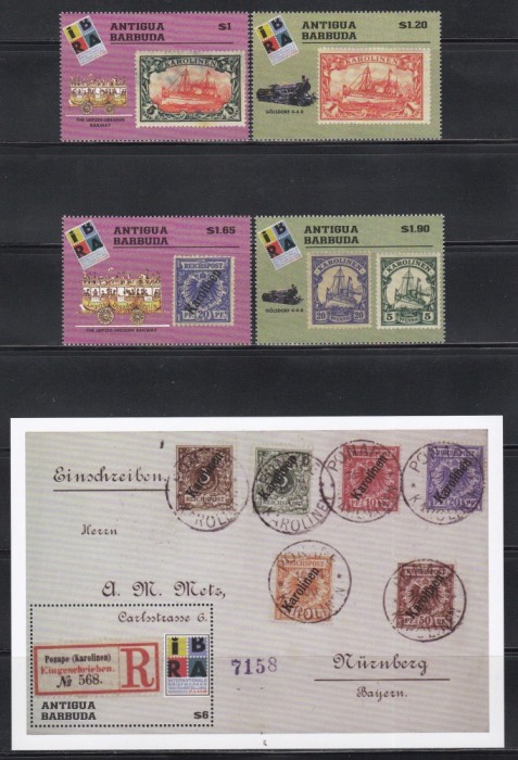 Antigua si Barbuda 1999 - Expoziția Internațională de Timbre &bdquo;IBRA &#039;99&rdquo; - N&uuml;rnberg - Calea Ferată Leipzig - Dresda, Serie + Colita, RARE, MNH