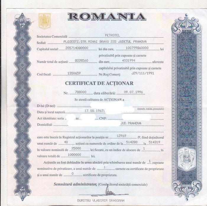 bnk div Certificat actionar Petrotel - 1996