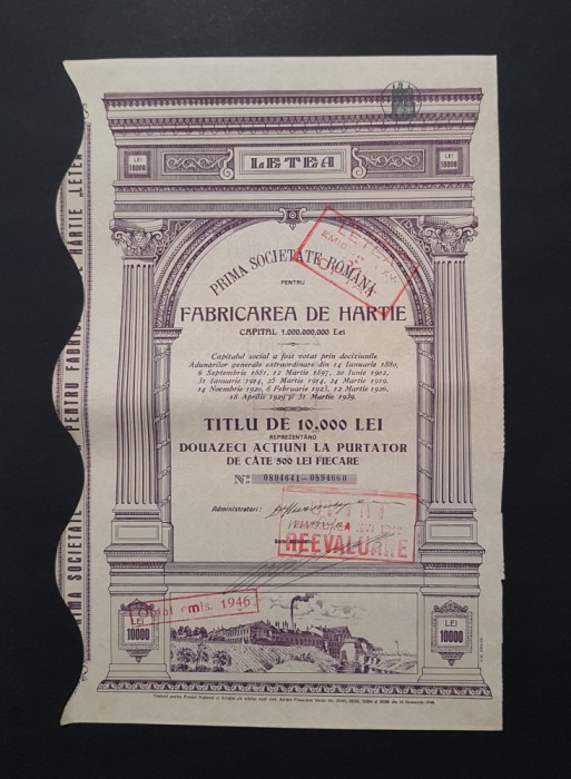 Actiune 1939 Fabrica de hartie Letea , titlu de 20 actiuni