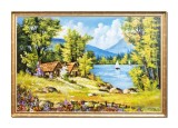 Cumpara ieftin Tablou inramat gigant peisaj de la munte cu cabane si flori multicolore pictat manual, Maretie, 130x90cm ulei pe panza, Constantin Feraru