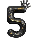 Cumpara ieftin Balon folie cifra 5 cu coroana Happy Birthday 100 cm, negru, umflare aer sau heliu, aniversare decor petrecere