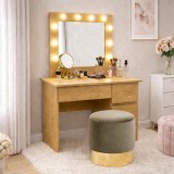 Masa de toaleta/machiaj, Irina, stejar + taburet, bej, cu oglinda si LED-uri, 94x43x141 cm