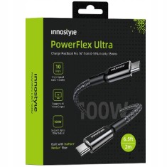Innostyle Powerflex Ultra Cablu Usb-C Cu &Icirc;ncărcare Rapidă Thunderbolt 10Gbps 100W Kevlar 100W Kevlar 2M Negru