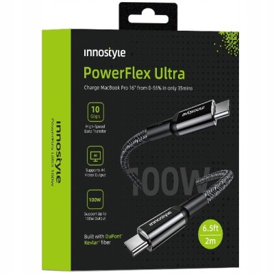 Innostyle Powerflex Ultra Cablu Usb-C Cu &amp;Icirc;ncărcare Rapidă Thunderbolt 10Gbps 100W Kevlar 100W Kevlar 2M Negru foto