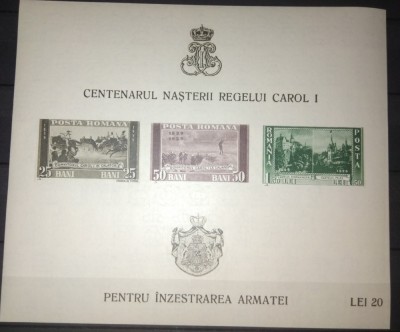 TIMBRE ROMANIA LP 133 1939 CENTENARUL NASTERII REGELUI CAROL I COLITA MNH NEDANTELATA foto