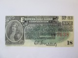 Rar! Cuba 37.50 Dollars 1931 cupon aUNC:Corporatia zaharului din estul Cubei
