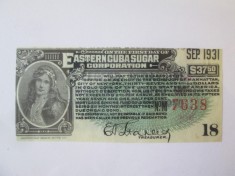Rar! Cuba 37.50 Dollars 1931 cupon aUNC:Corporatia zaharului din estul Cubei foto
