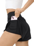 Pantaloni scurti dubli, sport dama, 2 in 1, cu buzunar interior si talie inalta, Negru - XS, Oem