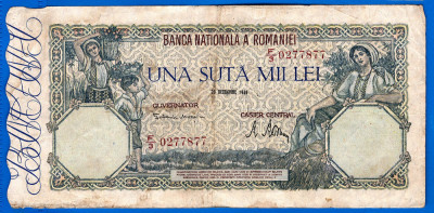 (73) BANCNOTA ROMANIA - 100.000 LEI 1946 (20 DECEMBRIE 1946), FILIGRAN ORIZONTAL foto