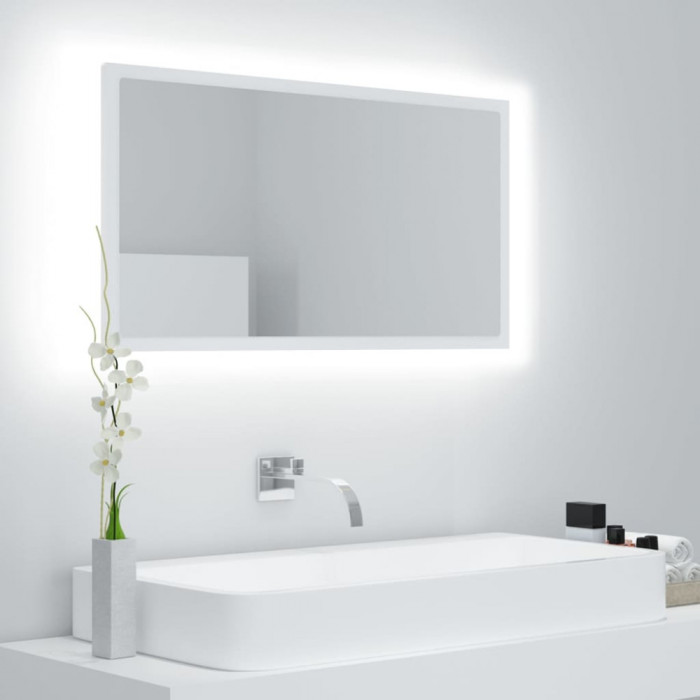 Oglindă de baie cu LED, alb, 80x8,5x37 cm, acril