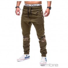 Pantaloni pentru barbati, verde, cu insertii de camuflaj, stli militar, army, banda jos, casual - P387 foto