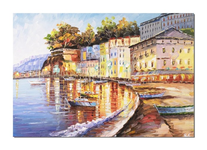 Tablou lacul Como pictat manual, Seara in port, 100x70cm ulei pe panza in cutit efect 3D, Valentin Pop