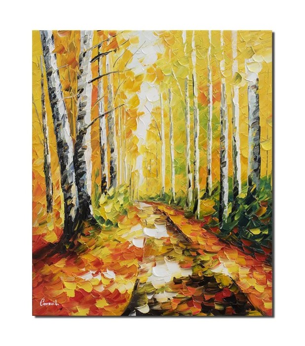 Tablou cu mesteceni pictat manual, Calmitate, 60x50cm ulei pe panza
