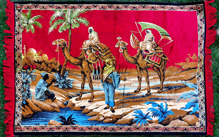 Caravana cu beduini si camile - carpeta persana originala vintage 172 x 120 cm