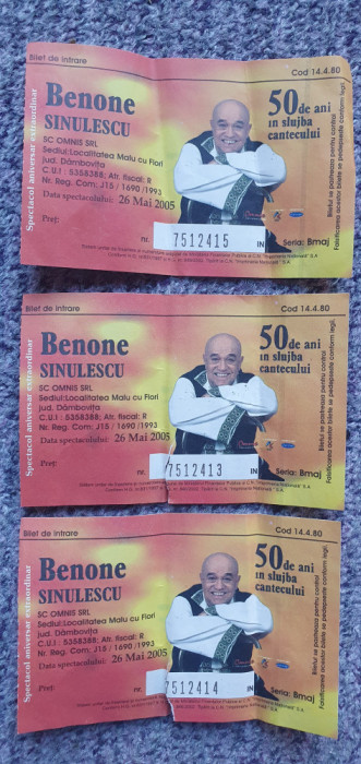 Pentru colectionari, 3 bilete spectacol aniversar Benone Sinulescu 26 mai 2005