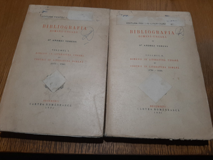 BIBLIOGRAFIA ROMANO-UNGARA - 2 Volume - Andrei Veress - 1931, 367+397 p.