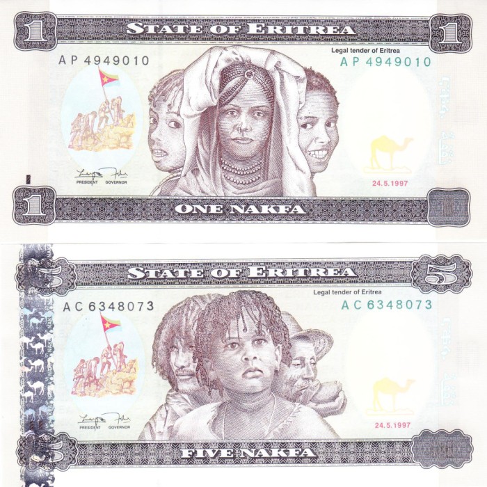 Bancnota Eritrea 1 si 5 Nafka 1997 - P1-2 UNC ( set x2 )