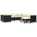 Set mobilier de gradina cu perne, 9 piese, negru, poliratan