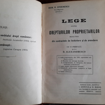 Lege drepturilor proprietarilor (inchiriere, arendare, Dem D. Stoenescu, 1907) foto