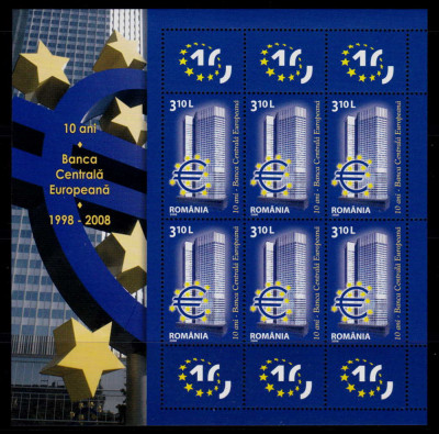 RO 2008 LP 1804a &amp;quot;10 ani - Banca Centrala Europeana&amp;quot; , bloc 6M+6V+mansetaMNH foto