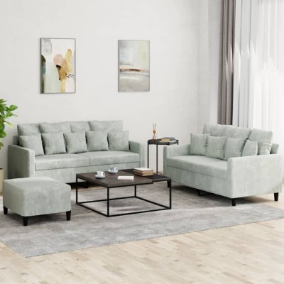 vidaXL Set de canapele cu perne, 3 piese, gri deschis, catifea foto