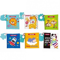 Set 6 carti senzoriale si educative din material textil, pentru bebelusi, cu fosnitoare si inel din silicon