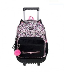 Ghiozdan cu Urechi pisicuta si pompon tip troller pentru scoala cu 3 compartimente, 34x23x50 cm