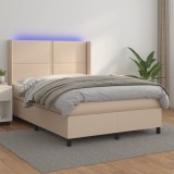 VidaXL Pat cu arcuri, cu saltea și LED cappuccino 140x190 cm piele eco