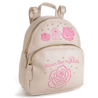 Rucsac mini din piele artificiala, roz baby, cu imprimeu trandafiri foto