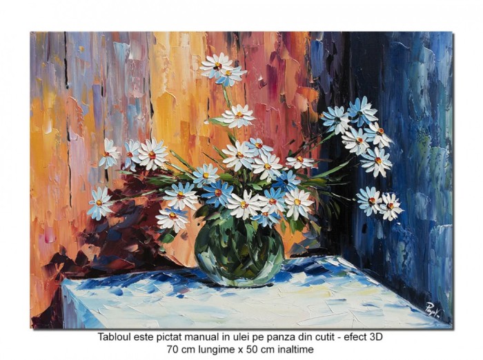 Tablou pictat manual, Margarete, margarete - 70x50cm ulei pe panza in cutit efect 3D