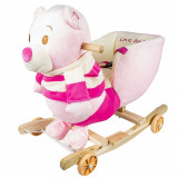 Cumpara ieftin Balansoar pentru bebelusi, Ursulet, lemn + plus, cu rotile, roz, 55 cm