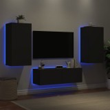 vidaXL Comode TV de perete cu lumini LED, 3 piese, negru