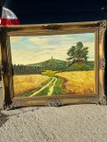 TABLOU E. LUDWIG - Peisaj German Cu Lan De Grau si Turnul Bisnarck - Ulei Pe Malkarton - 100 x 80 cm + Rama Lemn Originala - 1930-50 !