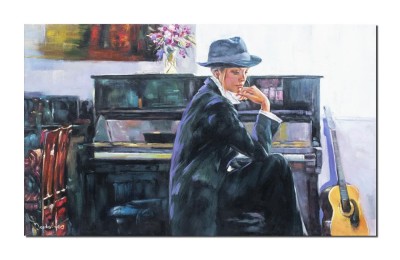Tablou tanara langa pian, Creatie,100x60cm, pictat manual in ulei pe panza, Mircea Iordache foto