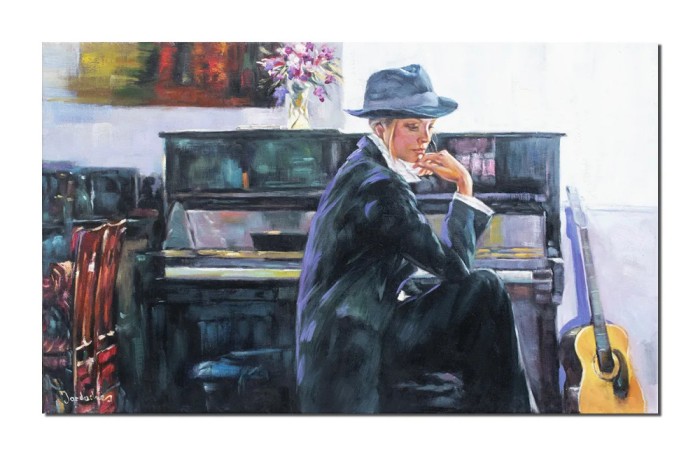 Tablou tanara langa pian, Creatie,100x60cm, pictat manual in ulei pe panza, Mircea Iordache