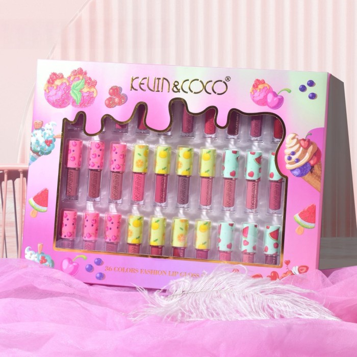 Set de Buze, KEVIN &amp; COCO, 36 Lip Gloss-uri, Model Capac cu Fructe, 32.3 x 24.3 x 2.4 cm, Multicolor