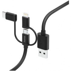 Cablu de incarcare 3-in-1 Hama, USB-A - Micro-USB, USB-C si Lightning, 1,5 m, negru