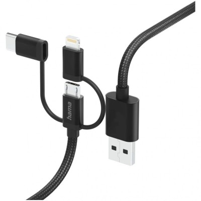 Cablu de incarcare 3-in-1 Hama, USB-A - Micro-USB, USB-C si Lightning, 1,5 m, negru foto