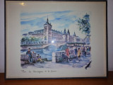 Tablou acuarela art print by Arno 1968 Paris Conciergerie si Sena rama sticla